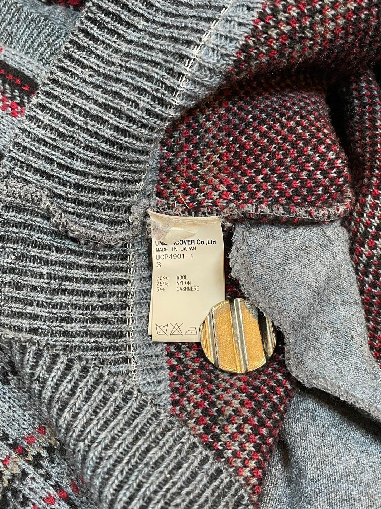 Undercover Wool Blend Plaid Knit Sweater with Side Pockets (L)